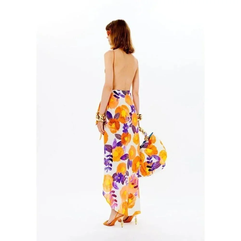 Raisa Vanessa Slit Detail Floral Skirt in Yellow & Purple 36 2-4 New Womens Maxi